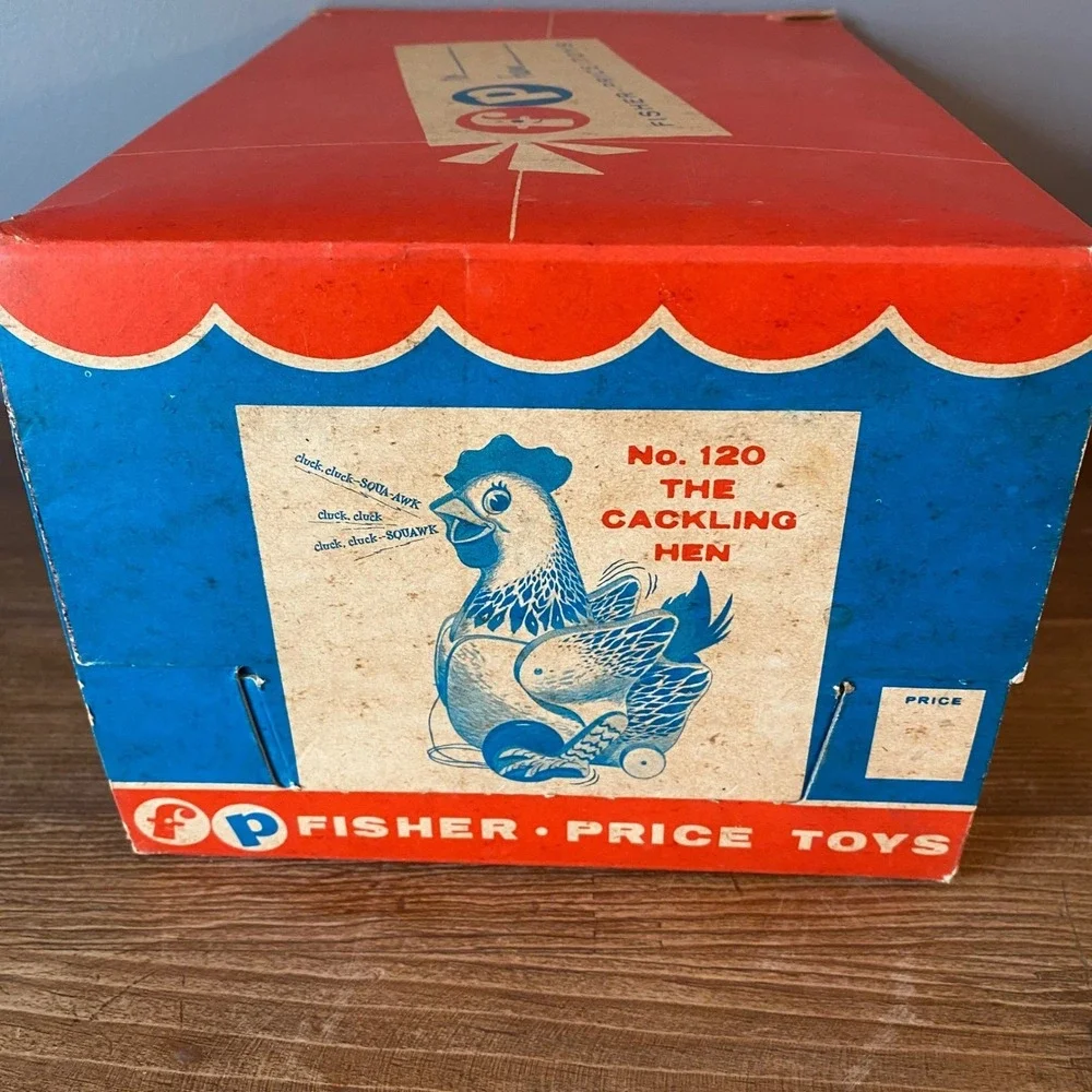 Vintage Fisher Price The Cackling Hen 120 Wooden Pull Toy with Original Box